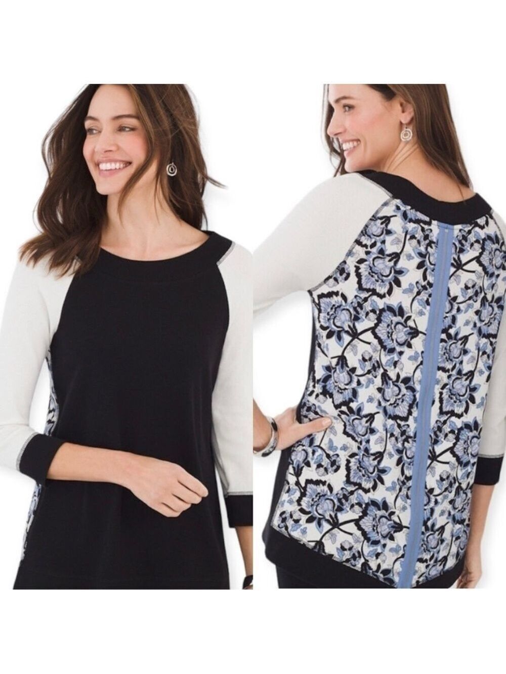 Chico’s Floral Zip-Back Tunic Size 1 8/10 M Blue 3/4 Sleeves